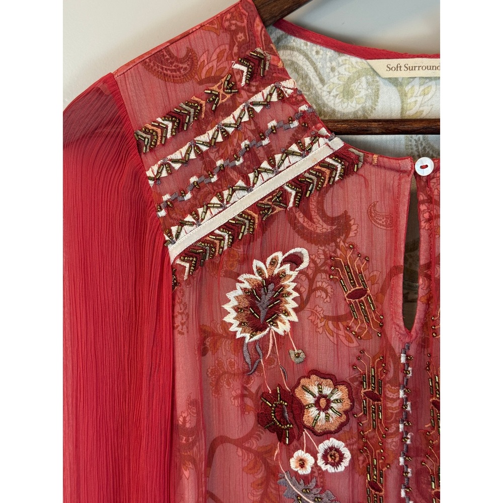 Soft Surroundings Samara Tunic Dark Coral Sheer Embroidered Boho Floral Sz Small - Picture 8 of 11